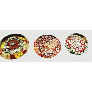 Vintage Italian Murano Set of 3 Art Glass Millefiori Floral Paperweight